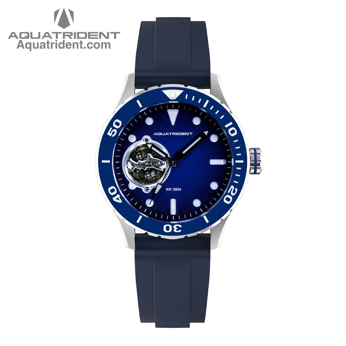 Aquatrident's shark Automatic Watch with blue Ceramic，Rotating Bezel and blue Dial front view