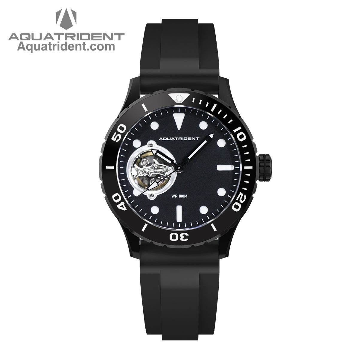 Aquatrident's shark Automatic Watch with black Ceramic，Rotating Bezel and black Dial front view