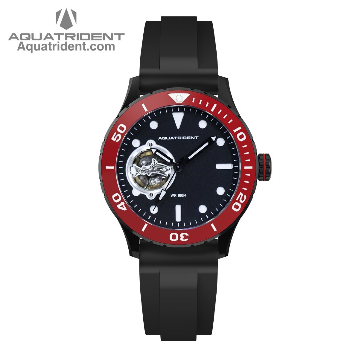 Aquatrident's shark Automatic Watch with red Ceramic，Rotating Bezel and black Dial front view