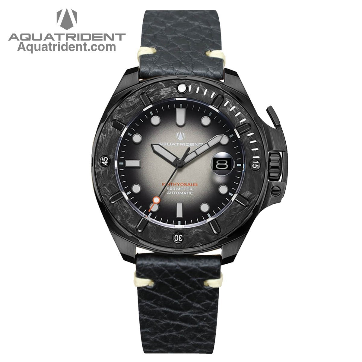 black steel case-black marbled carbon fiber bezel-black and white dail-black genuine leather strap-watch