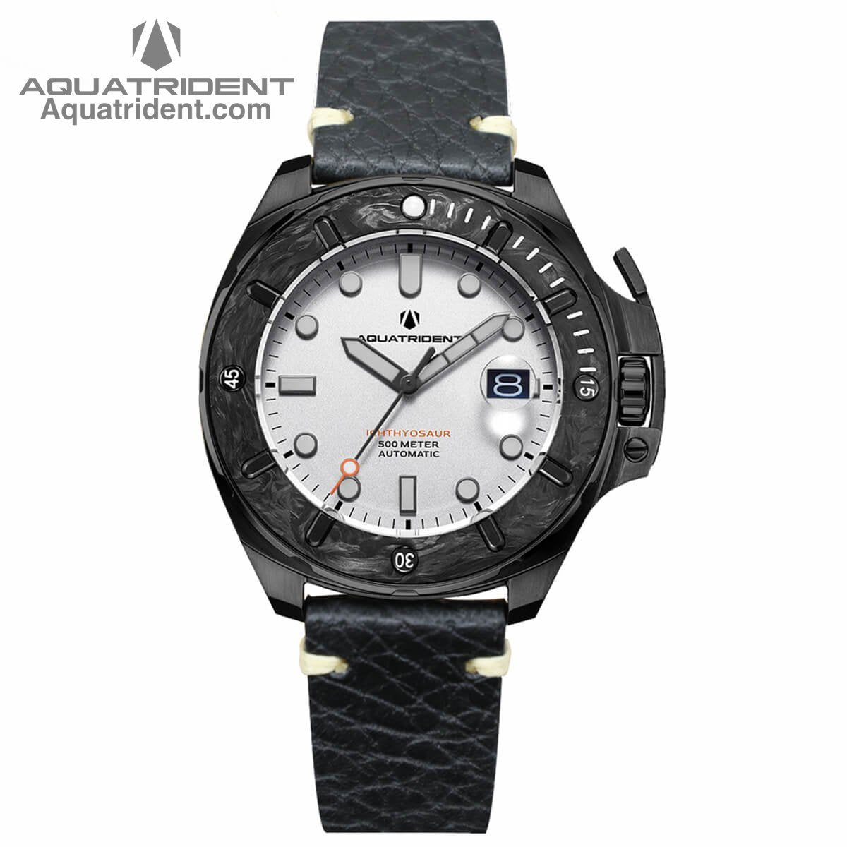black steel case-black marbled carbon fiber bezel-white dail-black genuine leather strap-watch