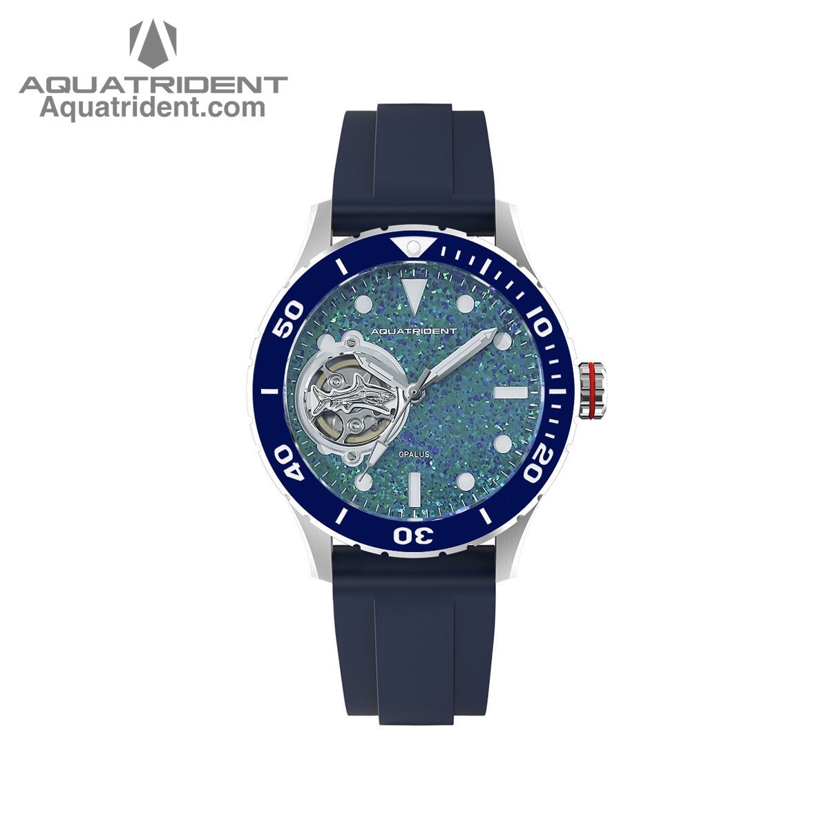 Aquatrident's shark Automatic Watch with blue Ceramic，Rotating Bezel and blue opal Dial front view