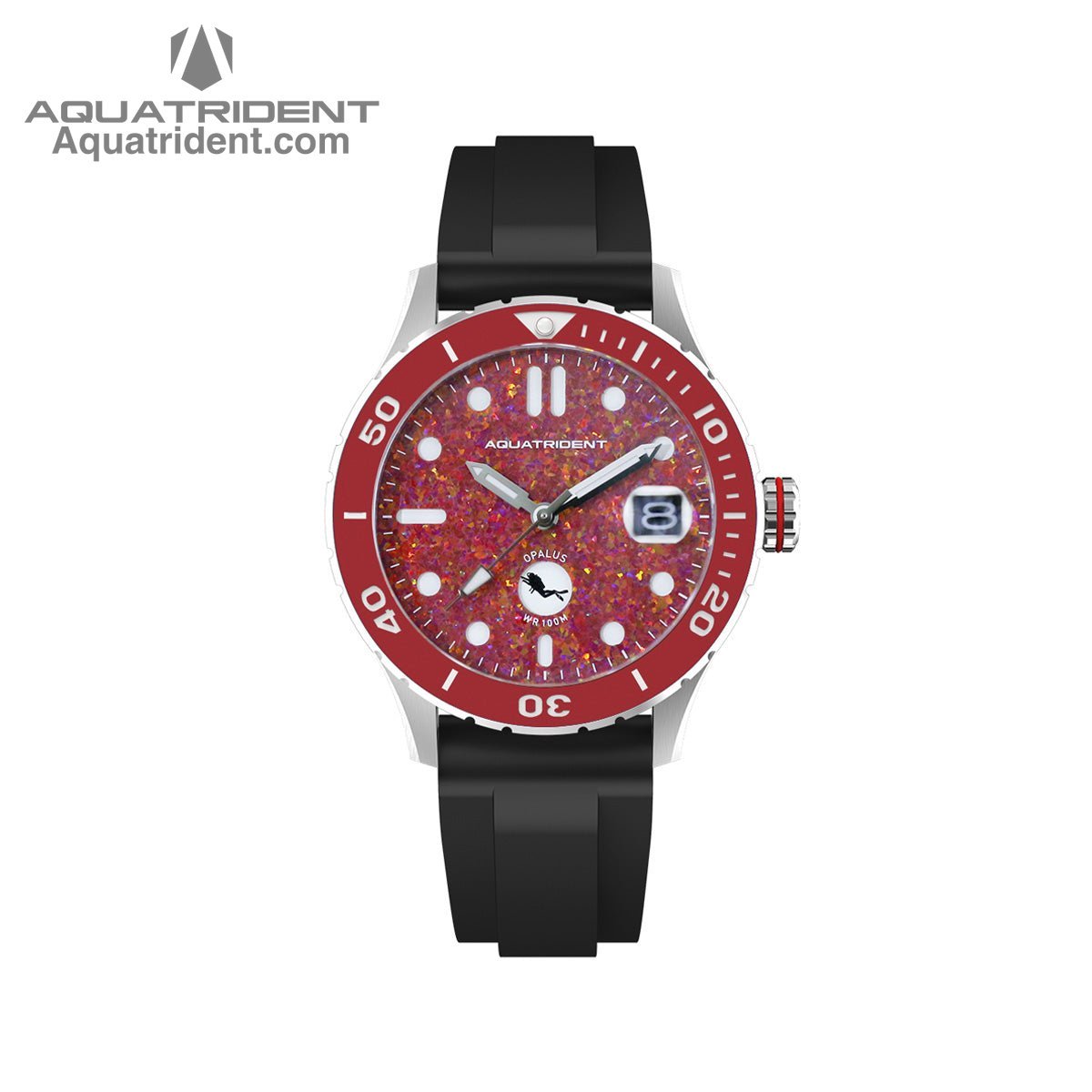 Aquatrident's Ocean Automatic Watch with Ceramic，Rotating, 120 clicks Bezel and red opal Dial front view