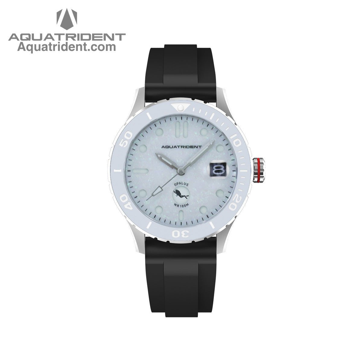 Aquatrident's Ocean Automatic Watch with Ceramic，Rotating, 120 clicks Bezel and pearl blue opal Dial front view