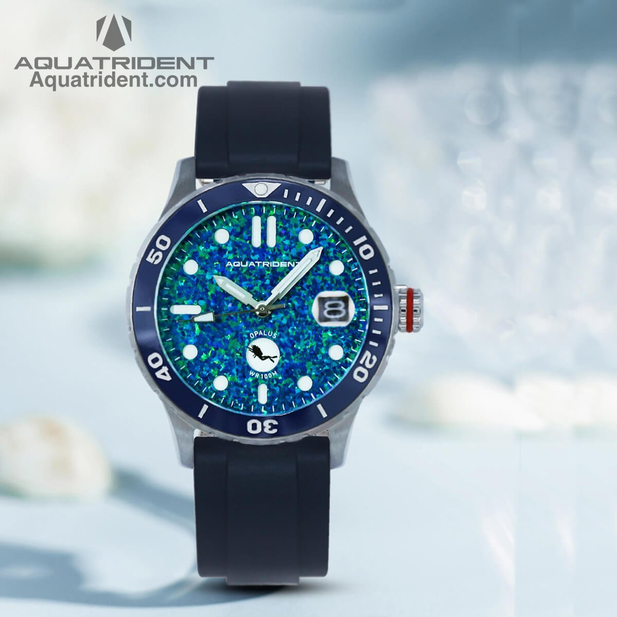 Ocean Dive Watch. Deep Blue Opal Dial. Blue Fluororubber Strap. 36mm. AQ-23002-01