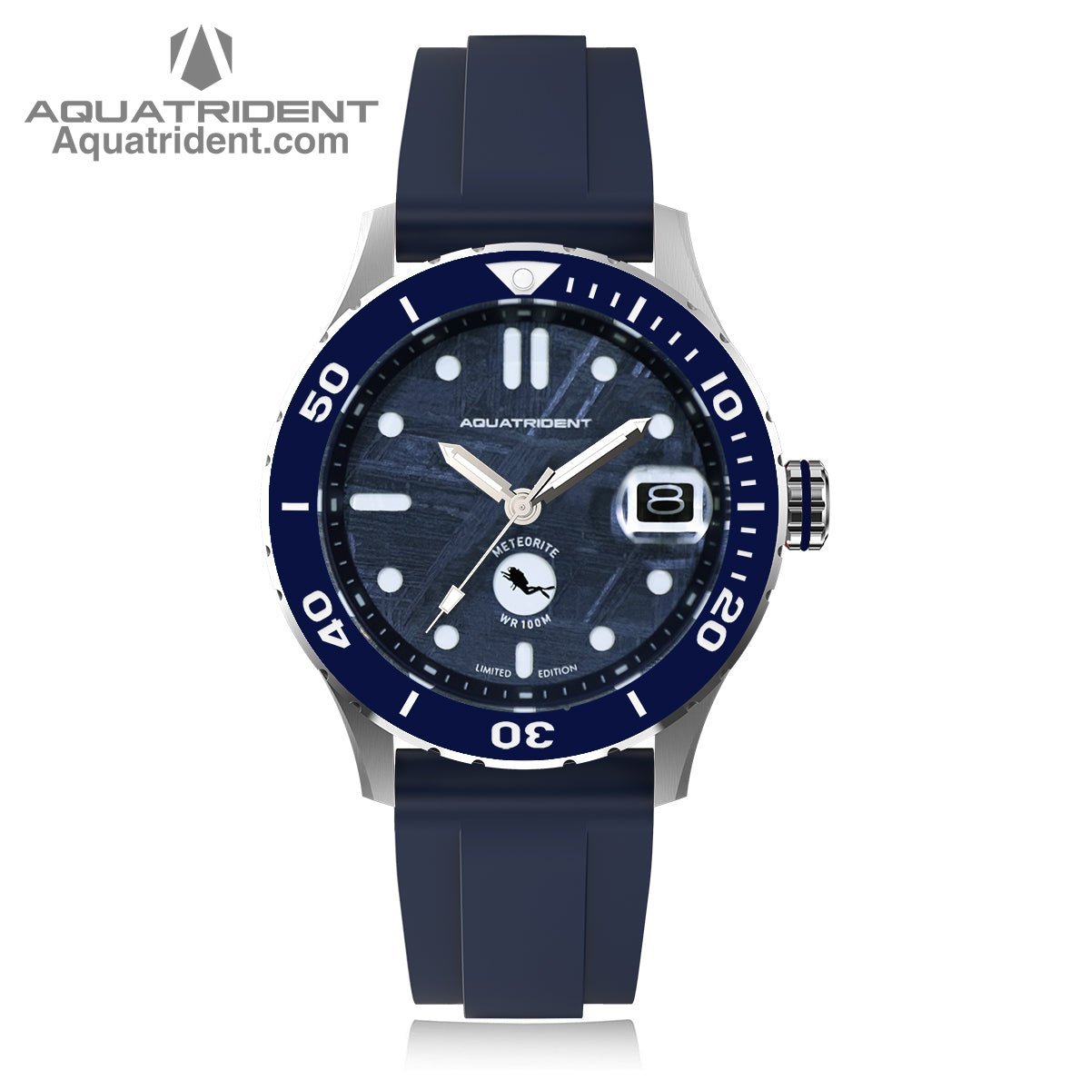 Ocean Dive Watch. Blue Meteorite Dial. Blue Fluororubber Strap