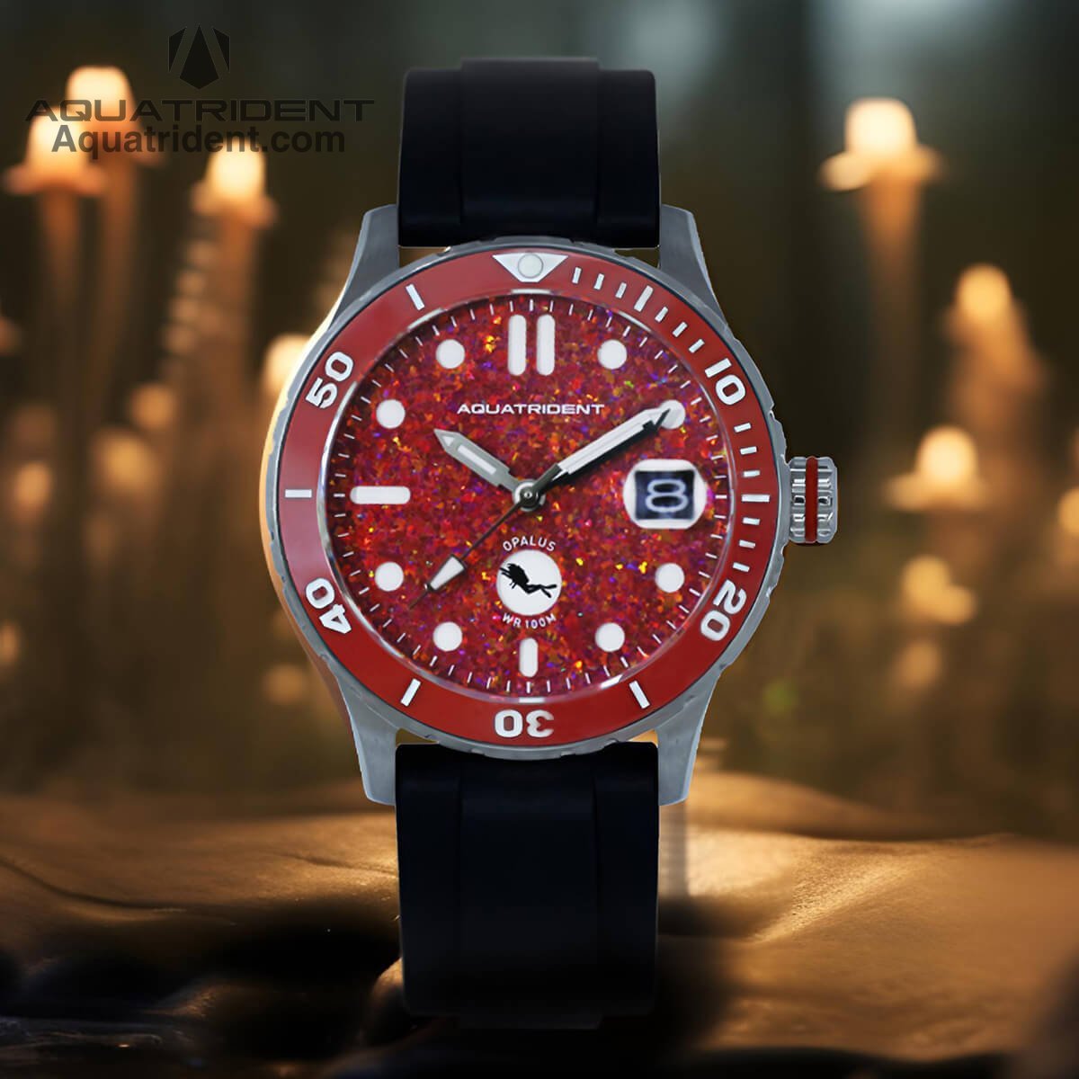 Ocean Dive Watch. Red Opal Dial. Black Fluororubber Strap. 36mm. AQ-23002-03