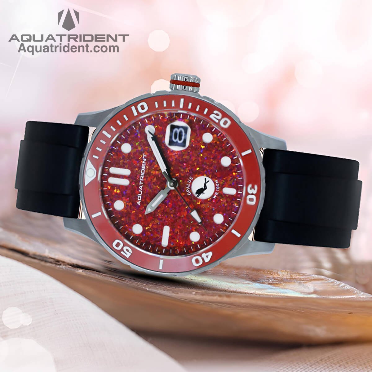 Ocean Dive Watch. Red Opal Dial. Black Fluororubber Strap. 36mm. AQ-23002-03