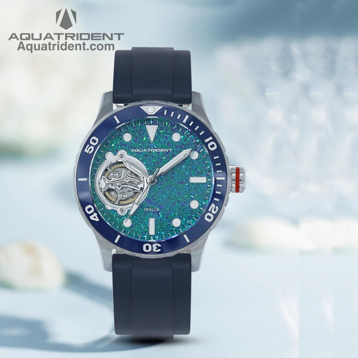 Shark Dive Watch. Ocean Blue Opal Dial. Blue Fluororubber Strap. 36mm. AQ-23001-01