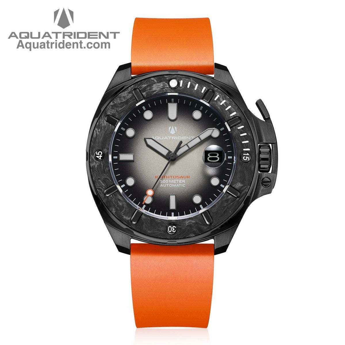 black steel case-black marbled carbon fiber bezel-black and white dail-orange fluororubber strap-watch