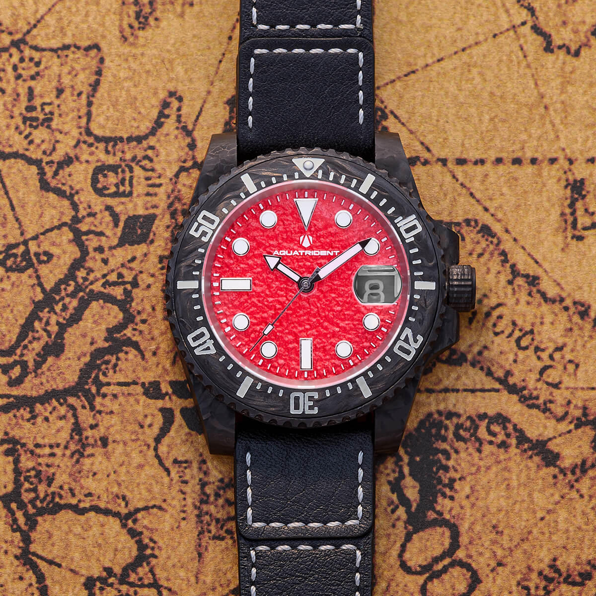 Neptune Carbon Fiber Watch. Red Dial/ Genuine Leather 40mm. AQ-23009-01A