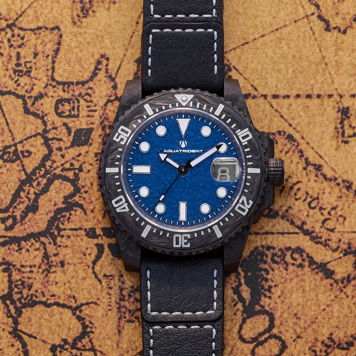 Neptune Carbon Fiber Watch. Blue Dial/ Black Strap With Genuine Leather. 40mm. AQ-23009-03A