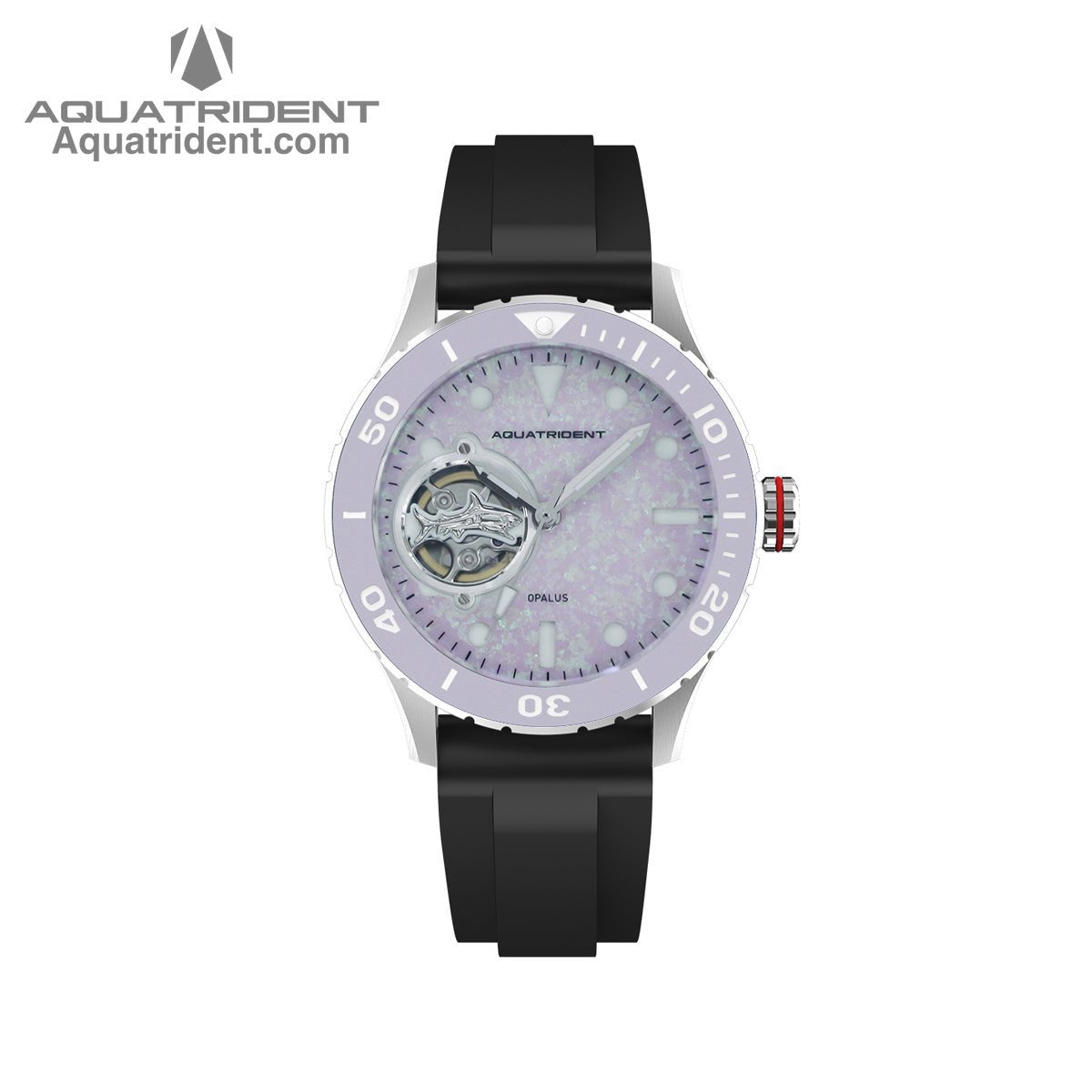 Aquatrident's shark Automatic Watch with Ceramic，Rotating Bezel and lavender opal Dial front view