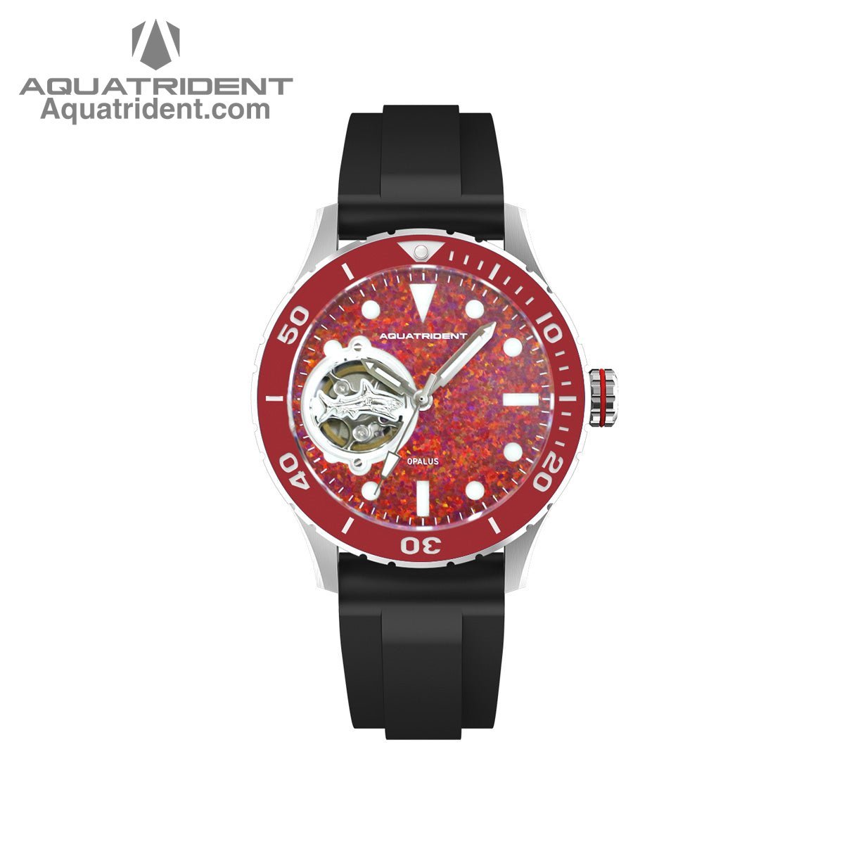 Aquatrident's shark  diver Watch with red Ceramic，Rotating Bezel and red Dial front view