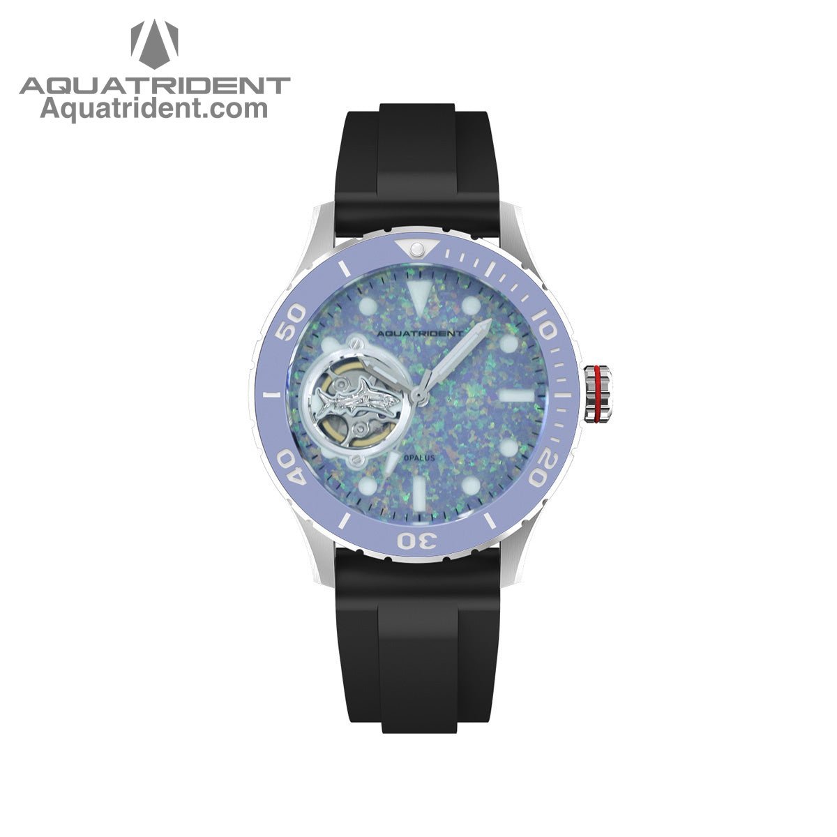 Aquatrident's shark Automatic Watch with coral blue Ceramic，Rotating Bezel and coral blue opal Dial front view