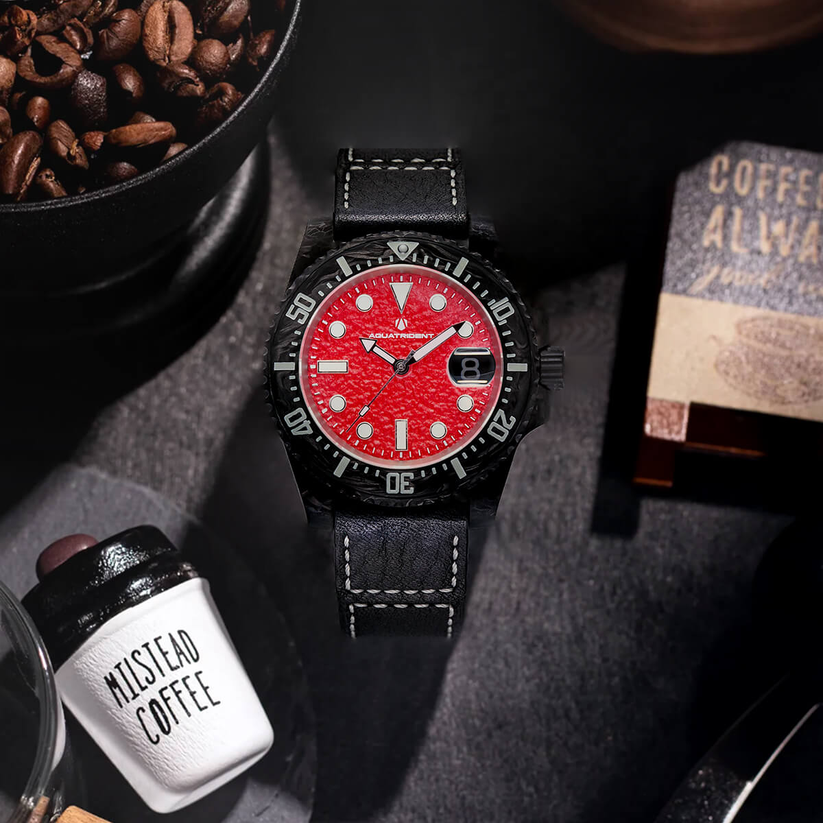 Neptune Carbon Fiber Watch. Red Dial/ Genuine Leather 40mm. AQ-23009-01A