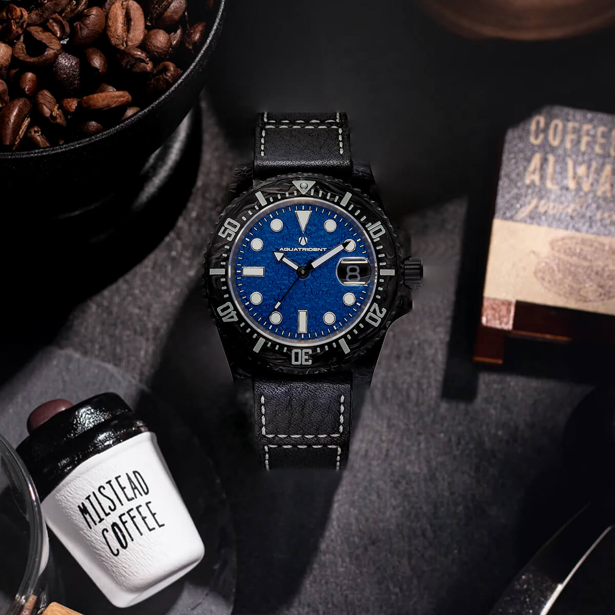 Neptune Carbon Fiber Watch. Blue Dial/ Black Strap With Genuine Leather. 40mm. AQ-23009-03A