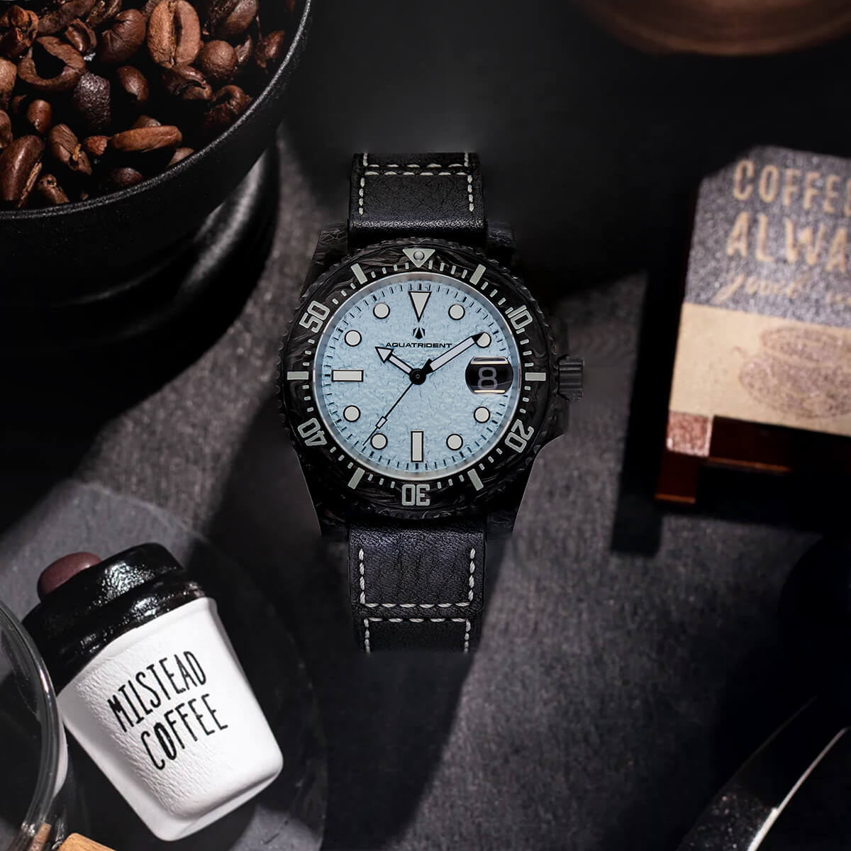 Neptune Carbon Fiber Watch. Ice Blue Dial/ Genuine Leather 40mm. AQ-23009-04A