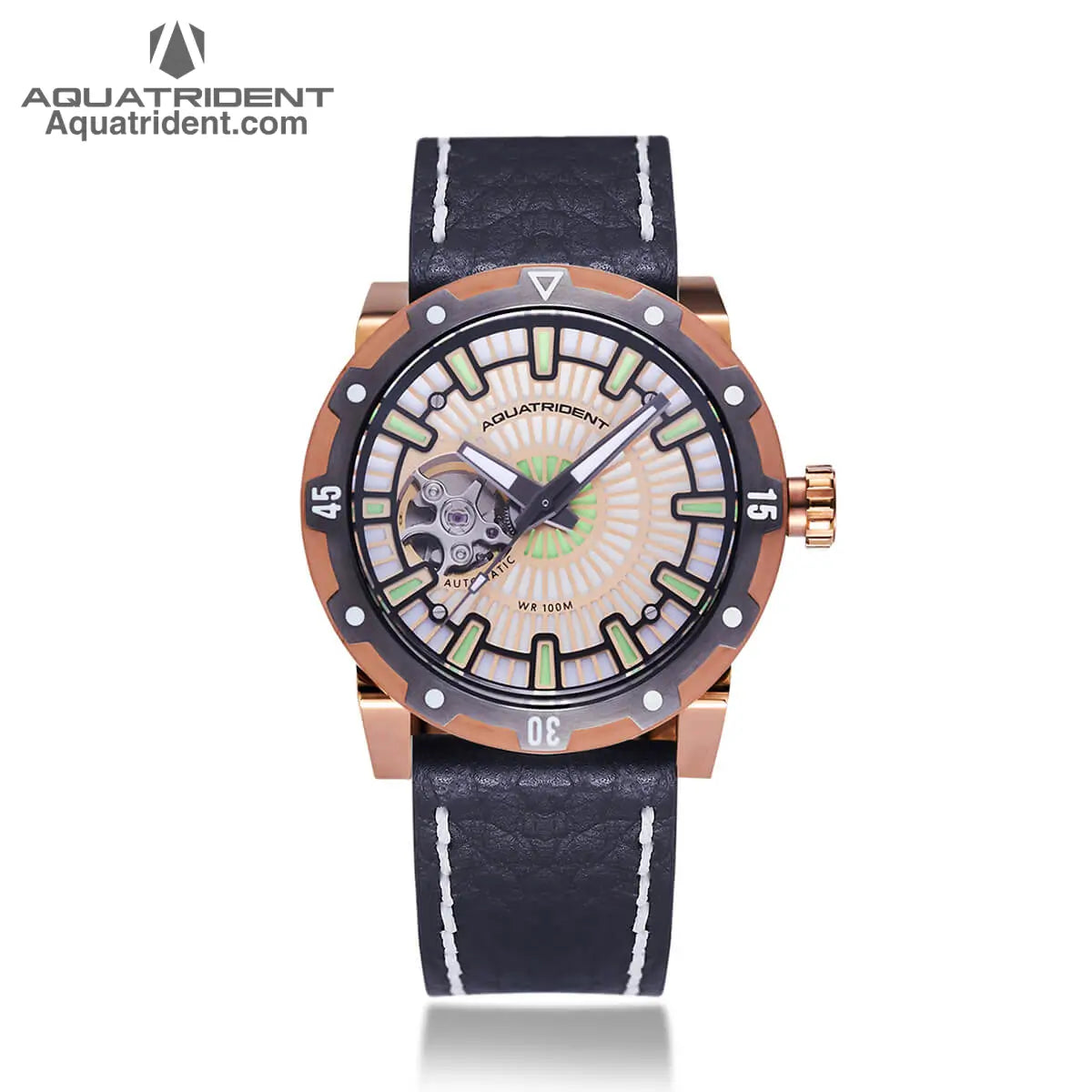 bronze and black steel case- gold reticulated dial-black genuine leather strap-watch