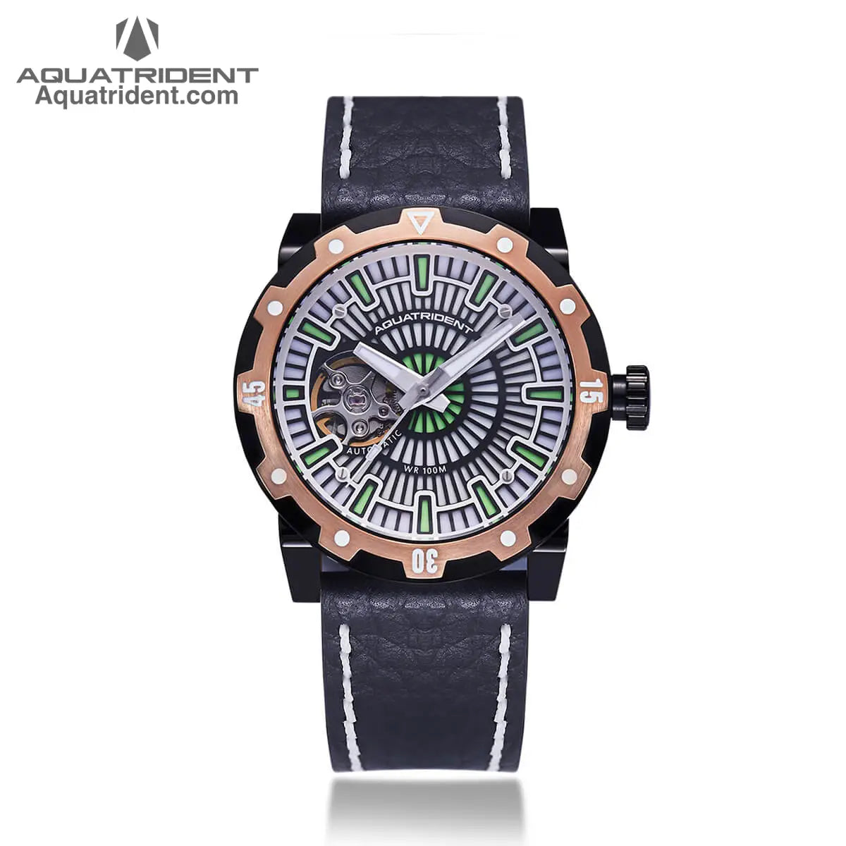 black and bronze steel case- black reticulated dial-black genuine leather strap-watch