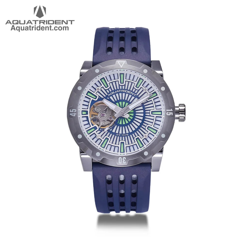 silver steel case- Blue reticulated dial-blue fluororubber strap-watch