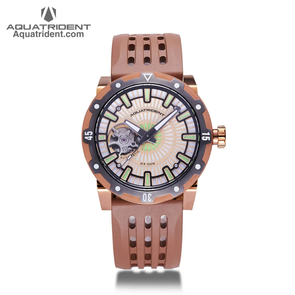 bronze and black steel case- gold reticulated dial-brown fluororubber strap-watch