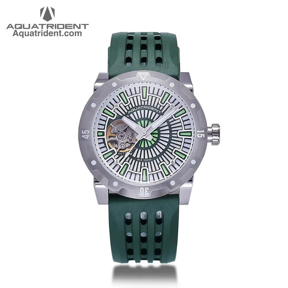 silver steel case- green reticulated dial-green fluororubber strap-watch