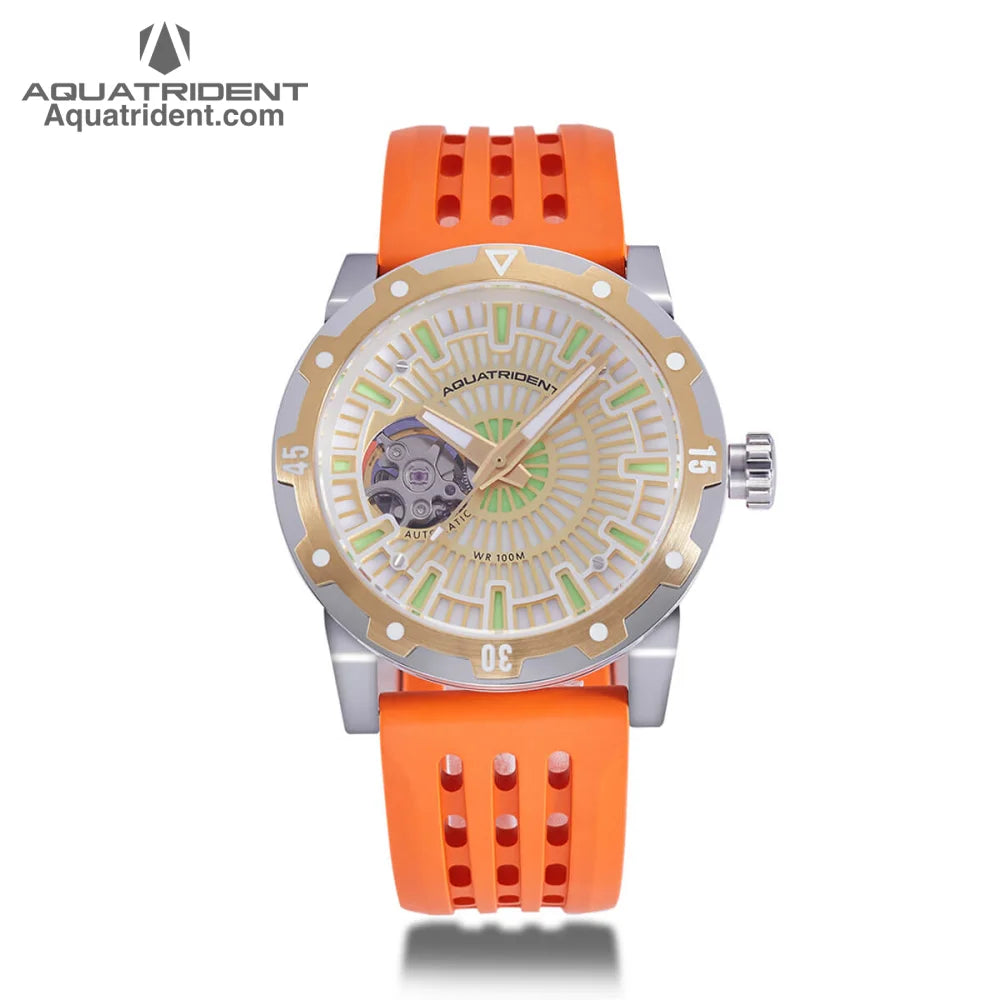 silver and gold steel case- gold reticulated dial-orange fluororubber strap-watch