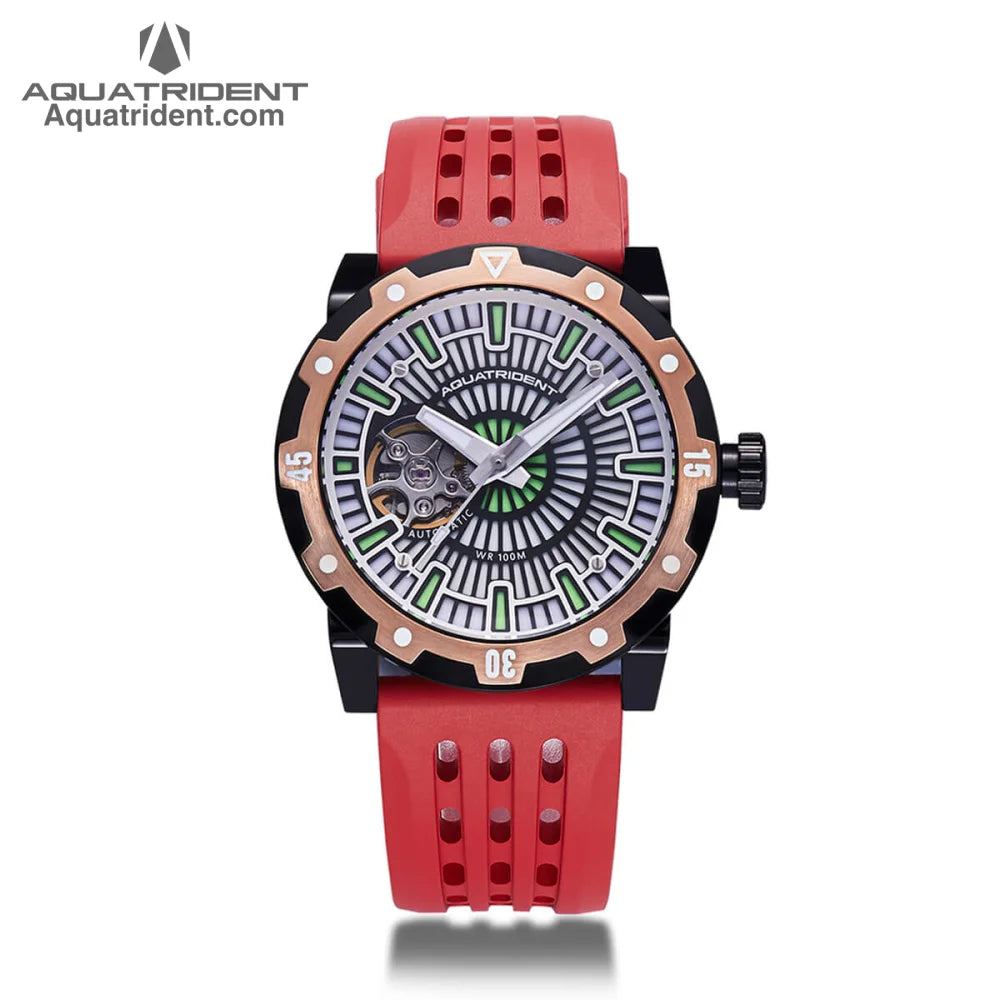 black and bronze steel case- Black reticulated dial-red fluororubber strap-watch
