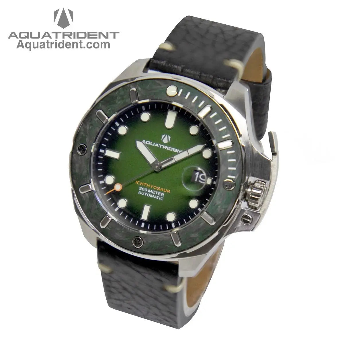 steel case-green black marbled carbon fiber bezel-green dail-black genuine leather strap-watch