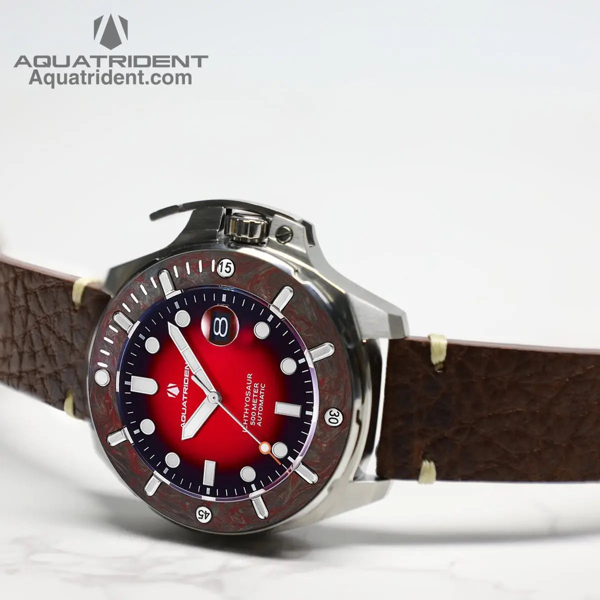 steel case-brown red marbled carbon fiber bezel-black and red dail-brown genuine leather strap-watch