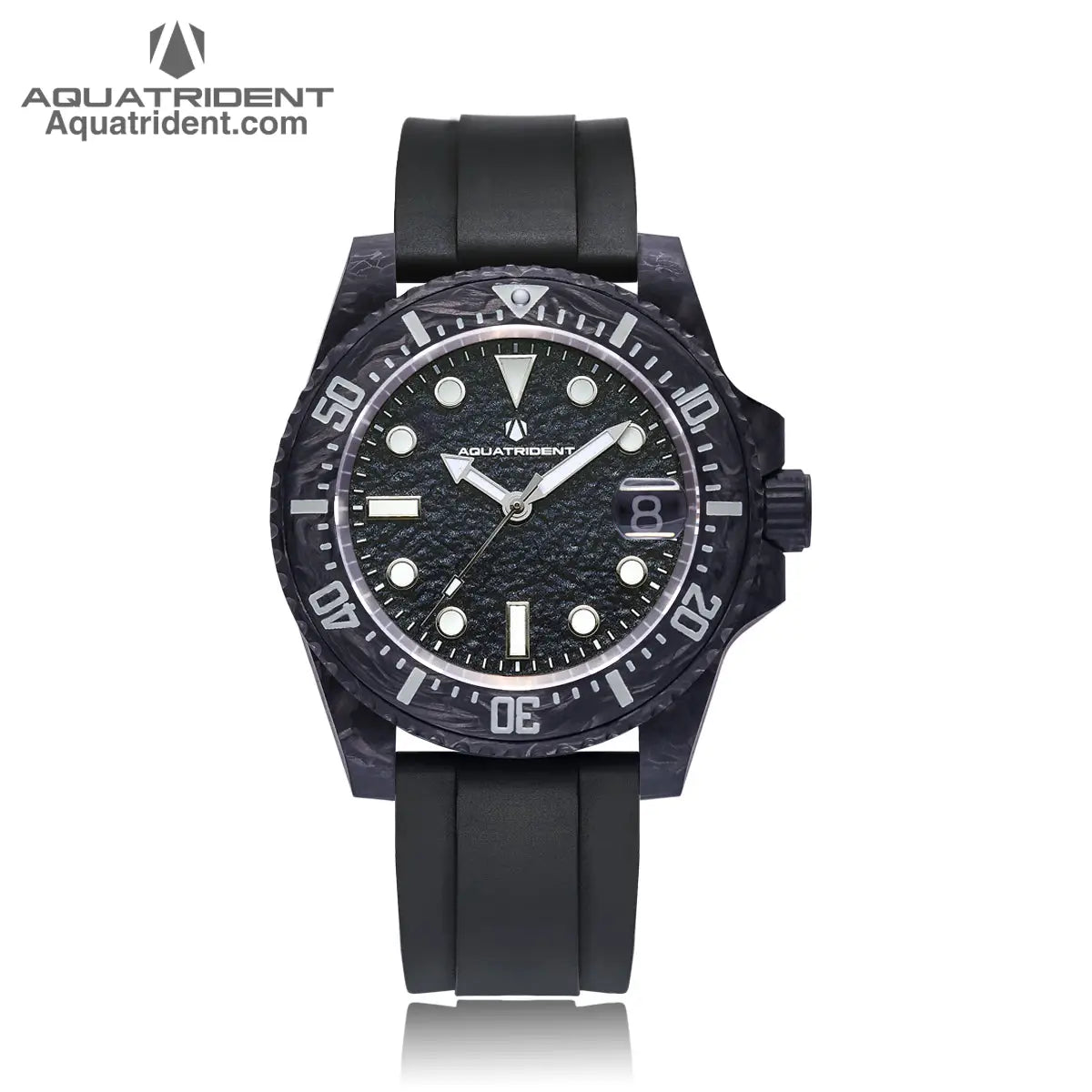 black carbon fiber case and bezel-Black rough textured dial with dates-balck fluororubber-watch