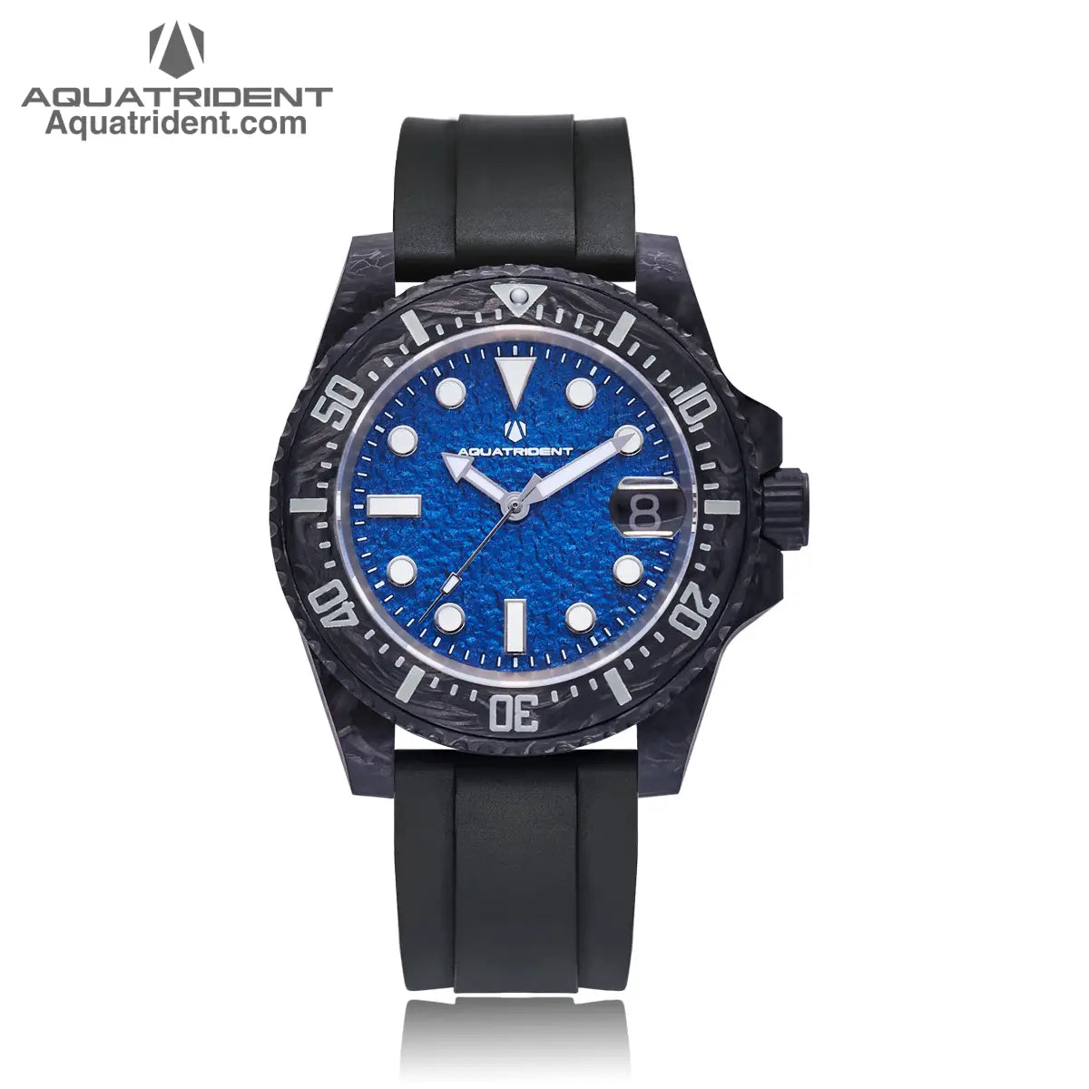 black carbon fiber case and bezel-Blue rough textured dial with dates-balck fluororubber strap-watch