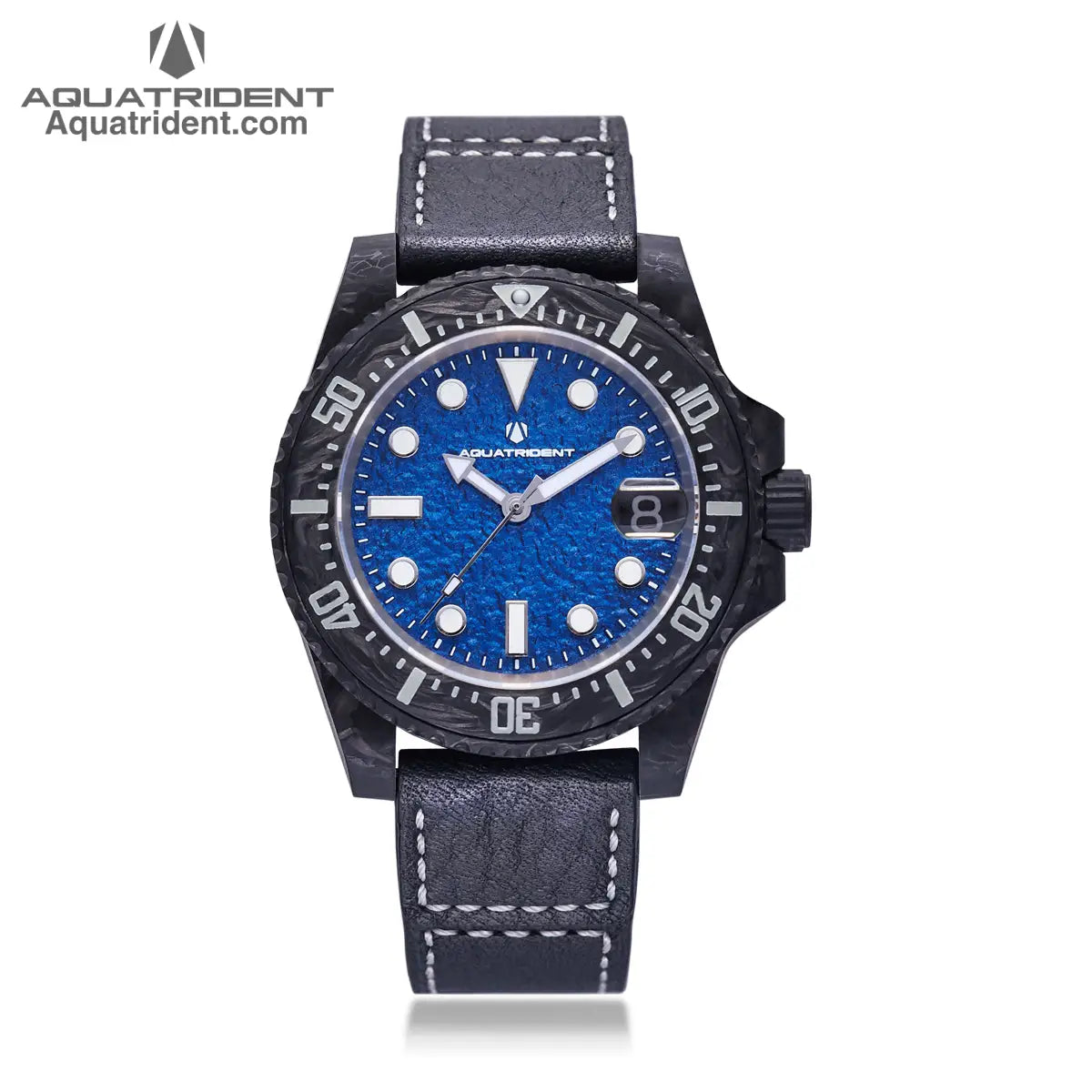 black carbon fiber case and bezel-Blue rough textured dial with dates-balck genuine leather strap-watch