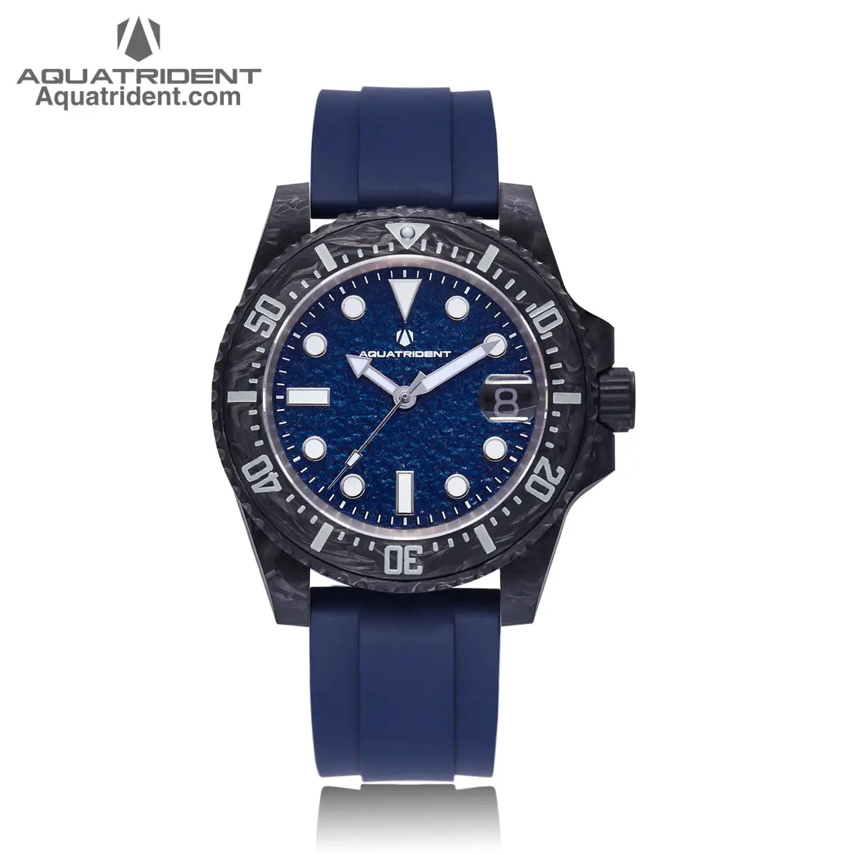 black carbon fiber case and bezel-navy blue rough textured dial with dates-navy blue fluororubber strap-watch