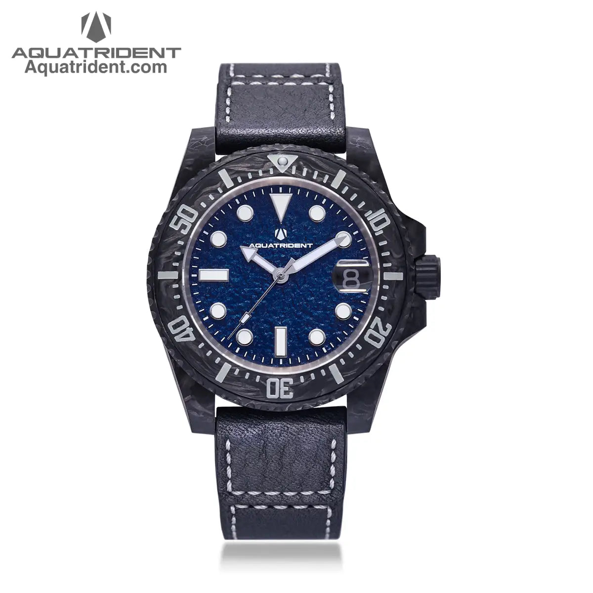 black carbon fiber case and bezel-dark blue rough textured dial with dates-black genuine leather strap-watch
