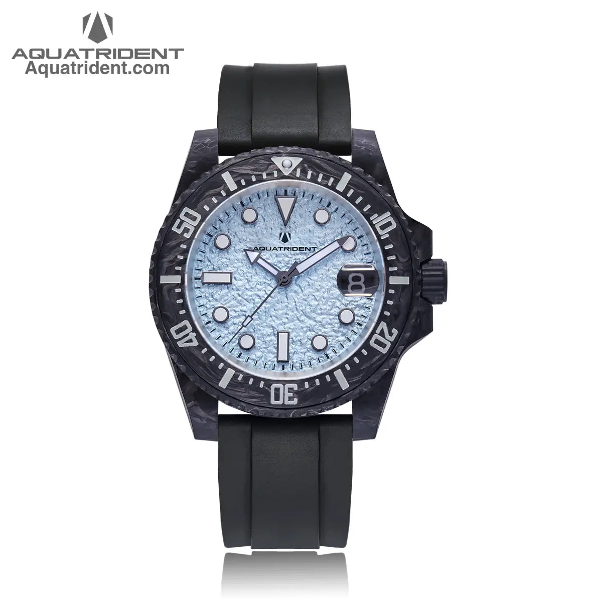 black carbon fiber case and bezel-light blue rough textured dial with dates-black fluororubber strap-watch