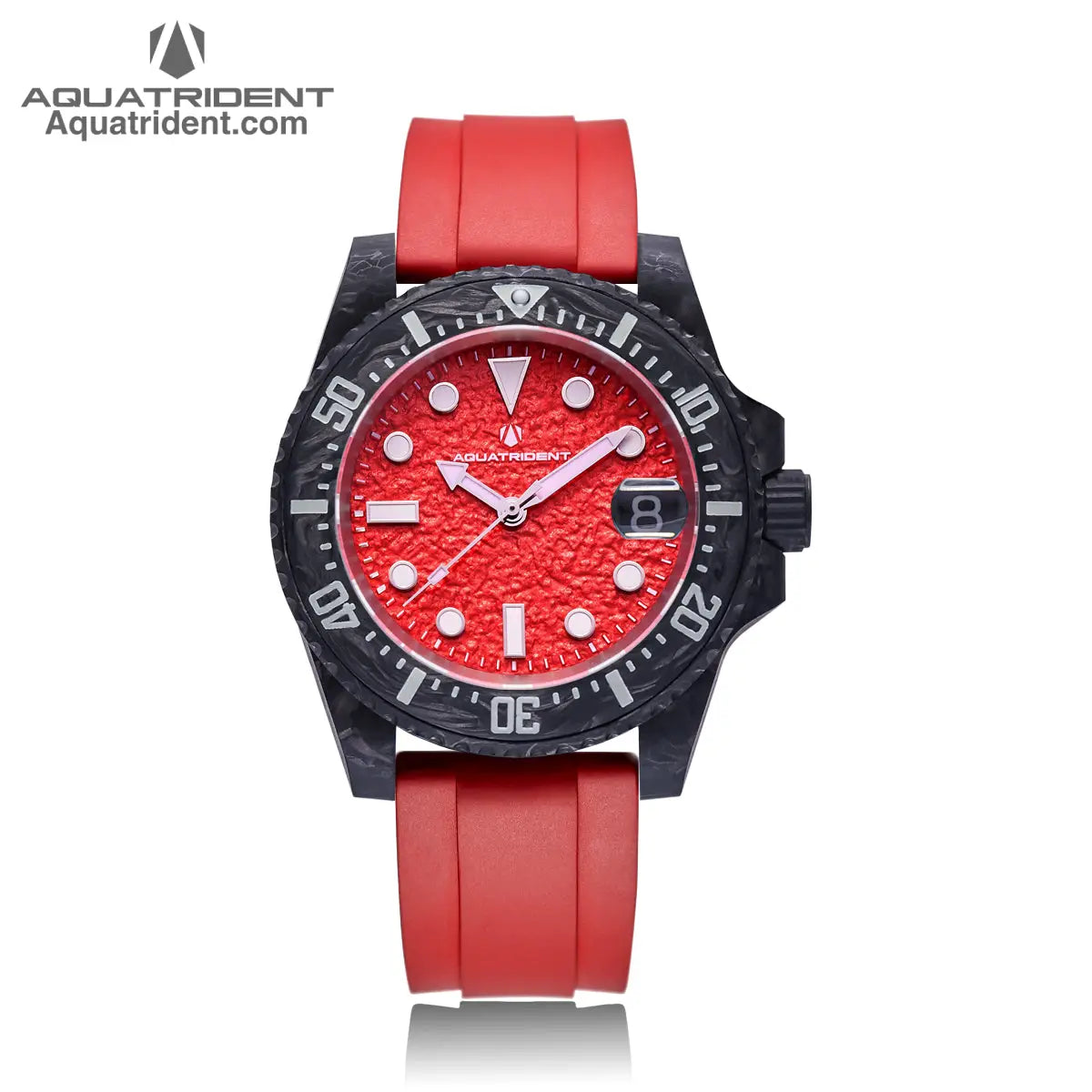 black carbon fiber case and bezel-red rough textured dial with dates-red fluororubber strap-watch