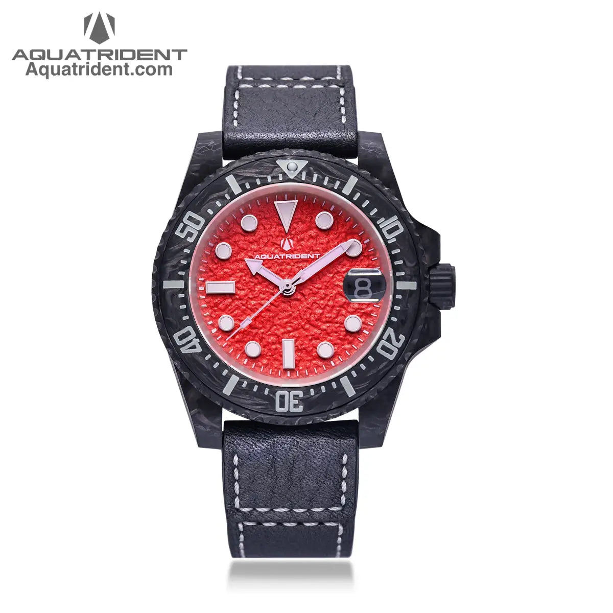 black carbon fiber case and bezel-red rough textured dial with date-black genuine leather strap-watch
