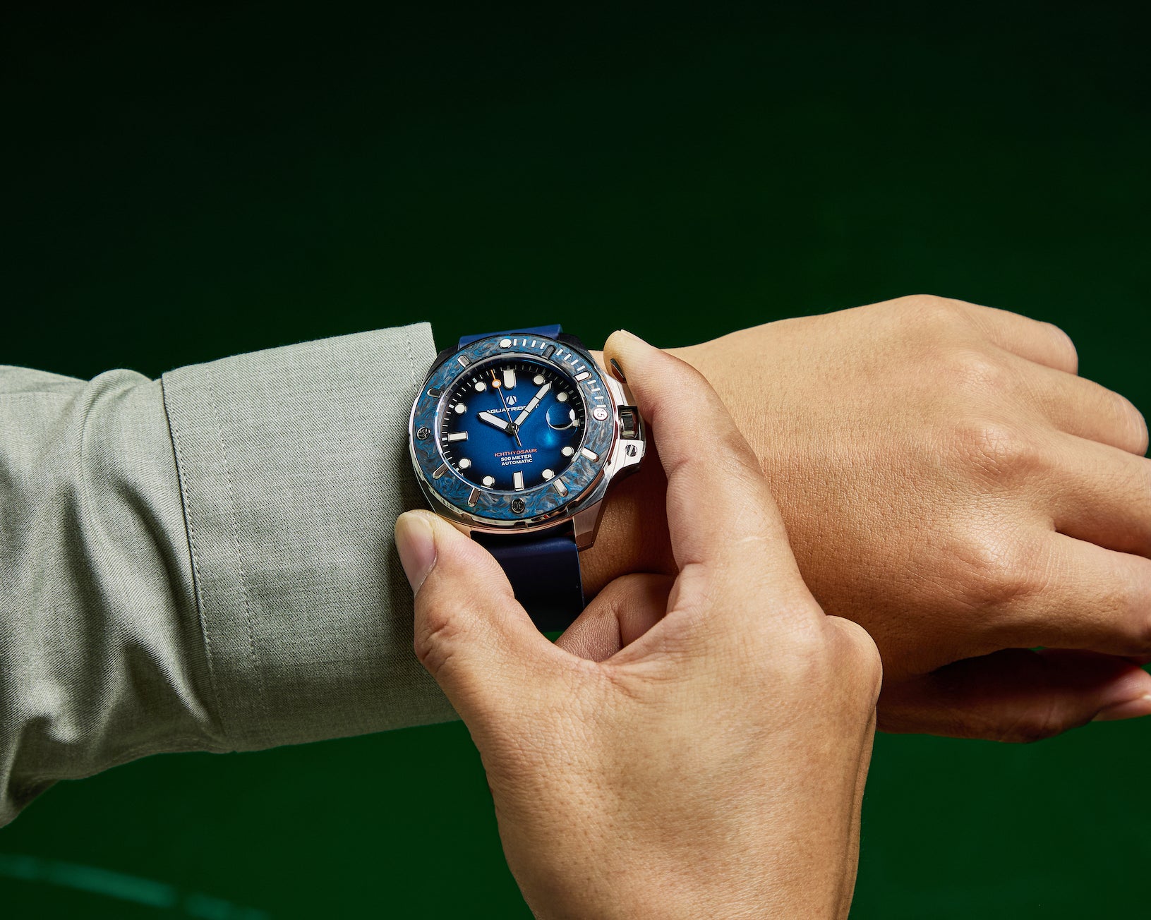 Ichthyosaur 500M Diver. Carbon Fiber Bezel. Blue Dial. Blue Fluororubb AquatridentWatch