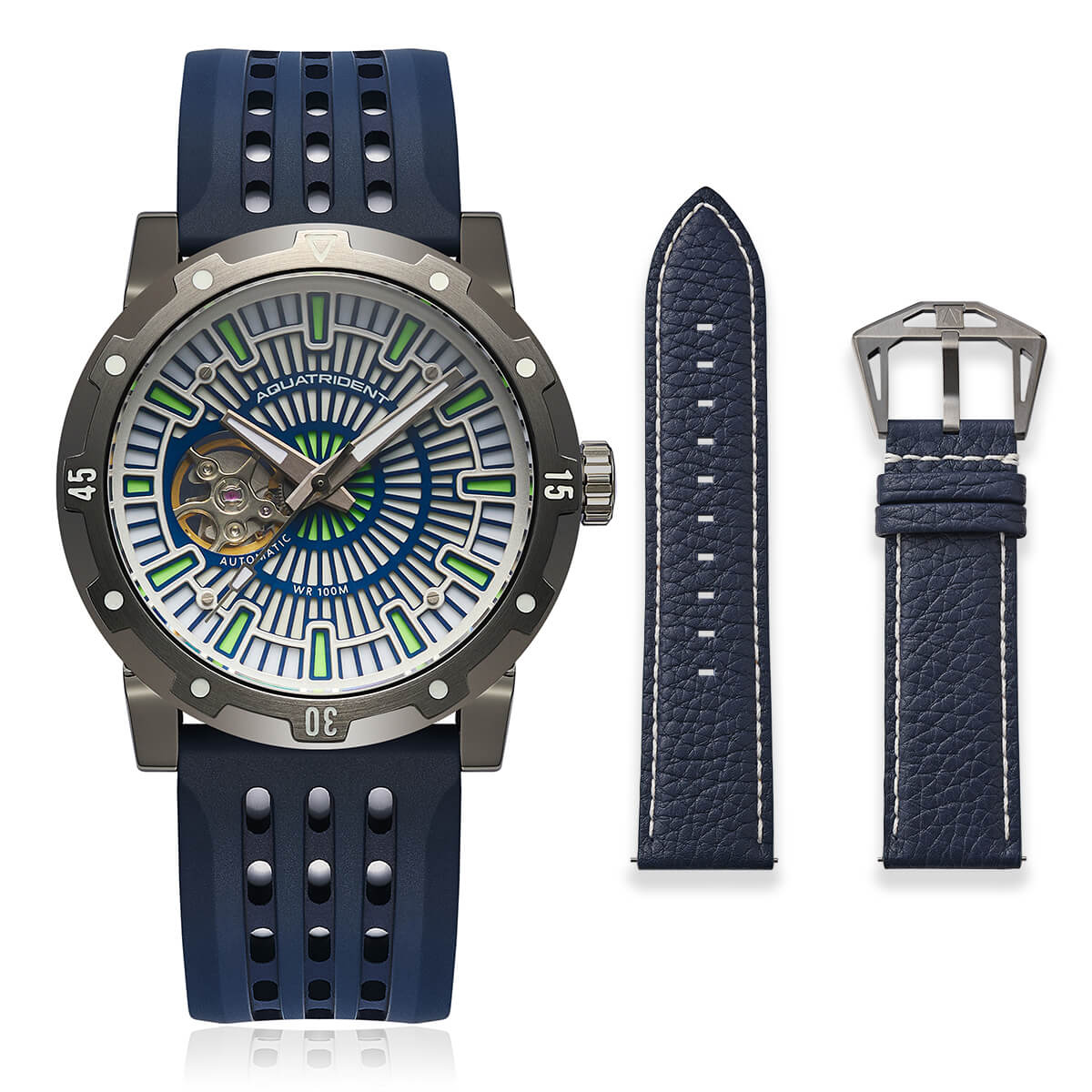 Relojes Aquatrident Diver AQ-22151-04, caucho fluorado azul, resistente al agua 10 ATM, Ø40 mm 