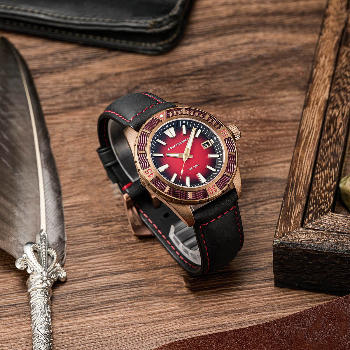 Helmsman Bronze Watch. Red Dial.  Genuine Leather Strap&Silicon Strap.  AQ-23007-03