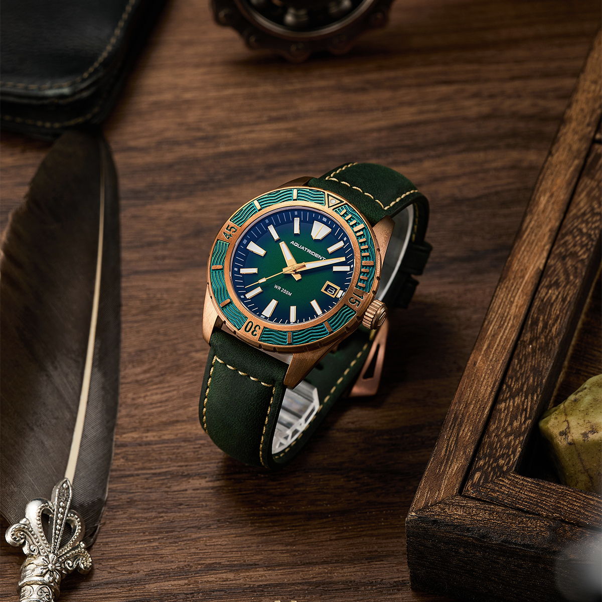 Helmsman Bronze Watch. Green Dial.  Genuine Leather Strap&Silicon Strap.  AQ-23007-04