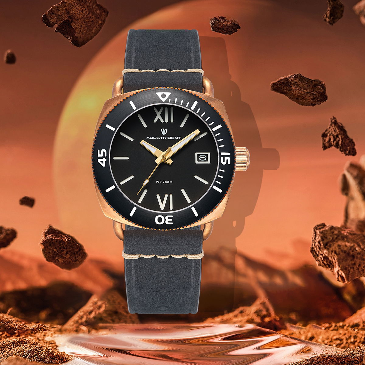 JAWS Bronze Watch. Roman Dial. Black Silicon & Genuine Leather Strap. 40mm. AQ-23008-03