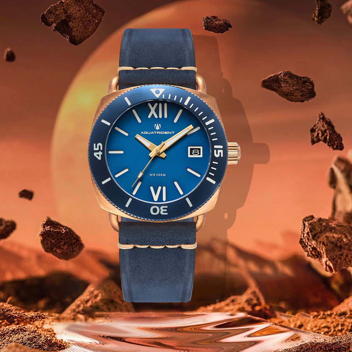 JAWS Bronze Watch. Roman Dial. Blue Silicon & Genuine Leather Strap. 40mm. AQ-23008-04