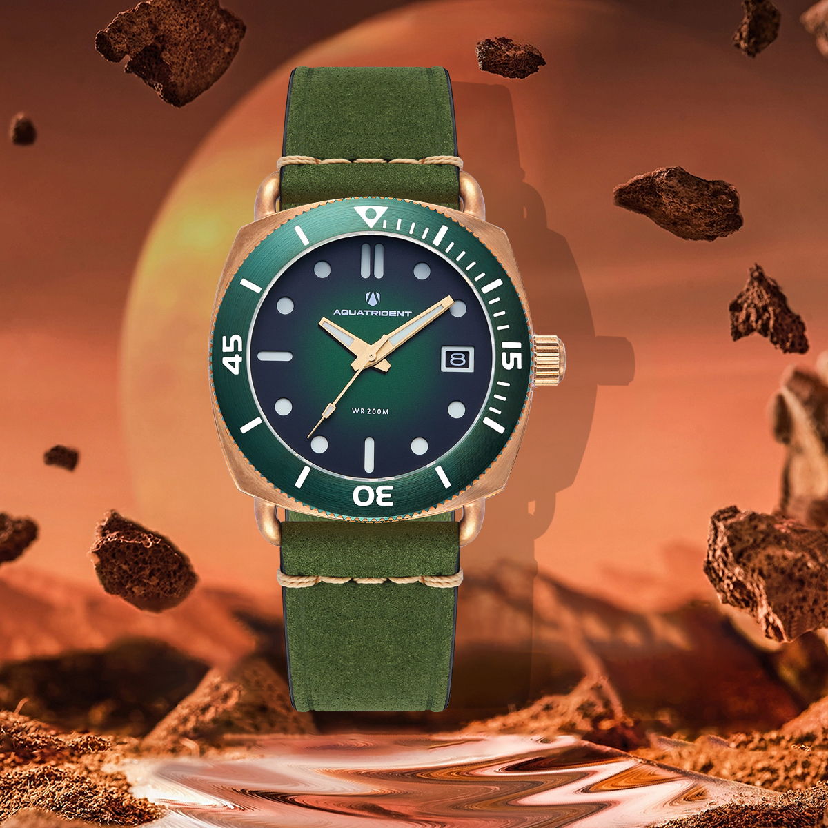 JAWS Bronze Watch. Green Dial. Green Silicon & Genuine Leather Strap. 40mm. AQ-23008-05