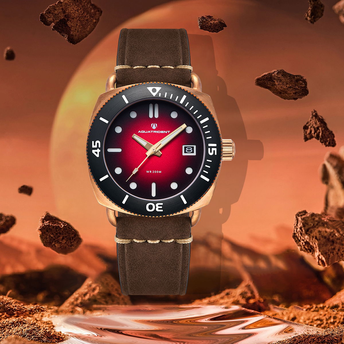 JAWS Bronze Watch. Red Dial. Silicon & Genuine Leather Strap 40mm. AQ-23008-07