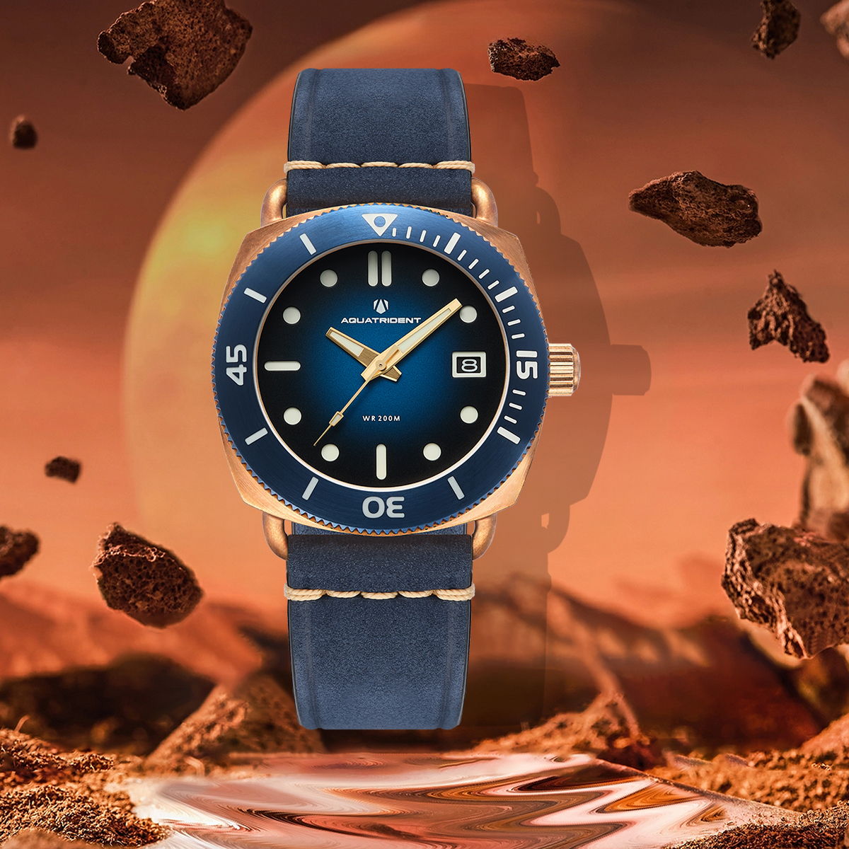 JAWS Bronze Watch. Blue Dial. Blue Silicon & Genuine Leather Strap. 40mm. AQ-23008-08