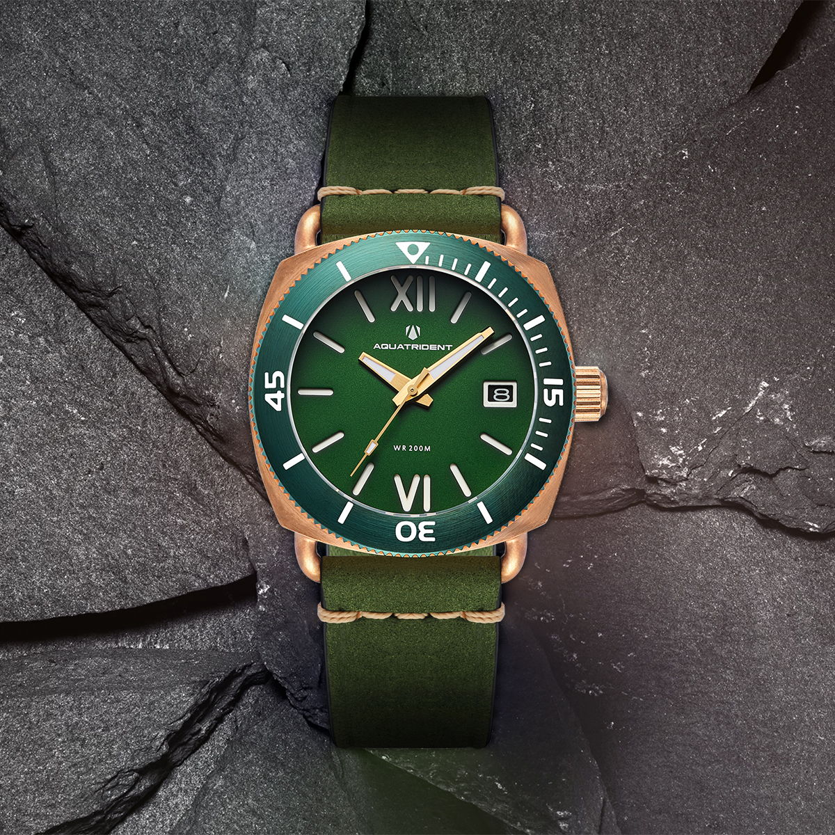 JAWS Bronze Watch. Green Roman Dial. Green Silicon & Genuine Leather Strap. 40mm. AQ-23008-01