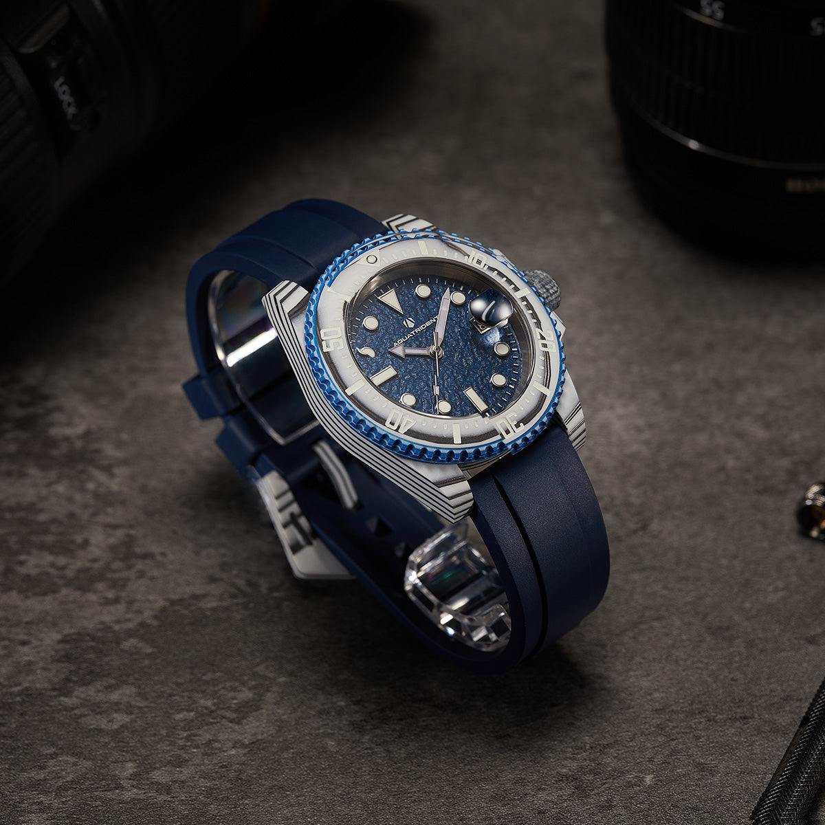 Neptune Carbon Fiber Watch, Dark blue dial, White bezel/ Blue Strap With Fluororubber, 40mm, AQ-23009-08